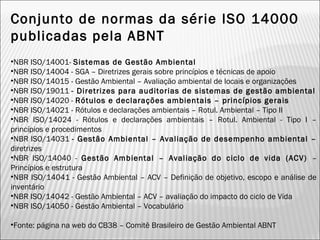 Conjunto de normas da série ISO 14000
publicadas pela ABNT
•NBR ISO/14001- Sistemas de Gestão Ambiental
•NBR ISO/14004 - SGA – Diretrizes gerais sobre princípios e técnicas de apoio
•NBR ISO/14015 - Gestão Ambiental – Avaliação ambiental de locais e organizações
•NBR ISO/19011 - Diretrizes para auditorias de sistemas de gestão ambiental
•NBR ISO/14020 - Rótulos e declarações ambientais – princípios gerais
•NBR ISO/14021 - Rótulos e declarações ambientais – Rotul. Ambiental – Tipo II
•NBR ISO/14024 - Rótulos e declarações ambientais – Rotul. Ambiental - Tipo I –
princípios e procedimentos
•NBR ISO/14031 - Gestão Ambiental – Avaliação de desempenho ambiental –
diretrizes
•NBR ISO/14040 - Gestão Ambiental – Avaliação do ciclo de vida (ACV) –
Princípios e estrutura
•NBR ISO/14041 - Gestão Ambiental – ACV – Definição de objetivo, escopo e análise de
inventário
•NBR ISO/14042 - Gestão Ambiental – ACV – avaliação do impacto do ciclo de Vida
•NBR ISO/14050 - Gestão Ambiental – Vocabulário
•Fonte: página na web do CB38 – Comitê Brasileiro de Gestão Ambiental ABNT
17
 