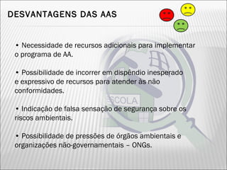DESVANTAGENS DAS AAS
• Necessidade de recursos adicionais para implementar
o programa de AA.
• Possibilidade de incorrer em dispêndio inesperado
e expressivo de recursos para atender às não
conformidades.
• Indicação de falsa sensação de segurança sobre os
riscos ambientais.
• Possibilidade de pressões de órgãos ambientais e
organizações não-governamentais – ONGs.
31
 