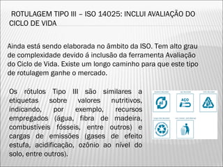 ROTULAGEM TIPO III – ISO 14025: INCLUI AVALIAÇÃO DO
CICLO DE VIDA
Ainda está sendo elaborada no âmbito da ISO. Tem alto grau
de complexidade devido á inclusão da ferramenta Avaliação
do Ciclo de Vida. Existe um longo caminho para que este tipo
de rotulagem ganhe o mercado.
Os rótulos Tipo III são similares a
etiquetas sobre valores nutritivos,
indicando, por exemplo, recursos
empregados (água, fibra de madeira,
combustíveis fósseis, entre outros) e
cargas de emissões (gases de efeito
estufa, acidificação, ozônio ao nível do
solo, entre outros).
41
 