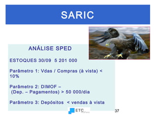 SARIC
ANÁLISE SPED
ESTOQUES 30/09 5 201 000
Parâmetro 1: Vdas / Compras (à vista) <
10%
Parâmetro 2: DIMOF –
(Dep. – Pagamentos) > 50 000/dia
Parâmetro 3: Depósitos < vendas à vista
37

 