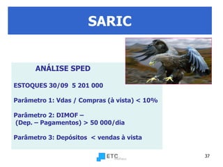 SARIC ANÁLISE SPED ESTOQUES 30/09  5 201 000 Parâmetro 1: Vdas / Compras (à vista) < 10% Parâmetro 2: DIMOF –  (Dep. – Pagamentos) > 50 000/dia Parâmetro 3: Depósitos  < vendas à vista 