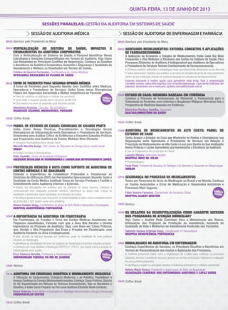 QUINTA-FEIRA, 13 DE JUNHO DE 2013
Abertura pelo Presidente de Mesa
VERTICALIZAÇÃO DO SISTEMA DE SAÚDE, IMPACTOS E
ENSINAMENTOS DA AUDITORIA CORPORATIVA
Com a Verticalização do Sistema de Saúde, é Possível Identiﬁcar Novas
Estratégias e Soluções Compartilhadas em Termos de Auditoria. Veja Como
São Resolvidos os Principais Conﬂitos de Negociação, Conheça os Desaﬁos
e Benefícios da Auditoria Corporativa, Aumente a Segurança e Qualidade do
Atendimento e Melhore os Resultados em Termos de Custos.
Cristine de Queiroz Fernandes, Coordenadora de Contas Médicas
OPERADORA BRASILEIRA DE PLANOS DE SAÚDE
ENVIO DE PACIENTES PARA SEGUNDA OPINIÃO MÉDICA
O Envio de Pacientes para Segunda Opinião Gera Conﬂitos entre Médicos,
Operadoras e Prestadores de Serviços. Saiba Como essas Divergências
Podem Ser Superadas Garantindo a Melhor Assistência ao Paciente.
• Papel da auditoria na agilização e controle dos processos
• Como obter a segunda opinião dentro do prazo da RN 259
• Ética médica no envio de pacientes para segunda opinião
Wanderley Resende, Consultor Técnico/Médico
BRADESCO SEGUROS, MEDISERVICE, FIOSAUDE
Coffee Break
PAINEL DE ESTUDOS DE CASOS: CIRURGIAS DE GRANDE PORTE
Saiba Como Novas Técnicas, Procedimentos e Tecnologias Geram
Divergências de Interpretação entre Operadoras e Prestadores de Serviços.
Desenvolva uma Análise Crítica de Evidências e Encontre Soluções Práticas
que Propiciarão uma Auditoria de Contas Médicas Mais Eﬁciente.
• Cirurgia e Traumatologia Buco Maxilo Facial
Marcelo Marotta Araújo, Prof. Doutor da Disciplina de Cirurgia Buco-maxilo-facial
UNESP
• Cirurgia Cardíaca e Hemodinâmica
Hélio Castello, Diretor de Qualidade Proﬁssional
SOCIEDADE BRASILEIRA DE HEMODINÂMICA E CARDIOLOGIA INTERVENCIONISTA (SBHCI)
PROTOCOLOS MÉDICOS E DUTS COMO SUPORTE DE AUDITORIA DE
CONTAS MÉDICAS E DE QUALIDADE
Entenda a Importância de Estabelecer Protocolos e Transformar as
Diretrizes de Utilização (DUT) em Ferramentas Operacionais Visando Tanto a
Qualidade da Conta Médica Auditada Como do Serviço Prestado e Facilite o
Entendimento entre Auditores Internos e Externos.
• Muitas das diﬁculdades em auditoria vêm da utilização de novos insumos, materiais e
medicamentos sem adequado protocolo cientíﬁco. Identiﬁque as áreas mais críticas na
atualidade e desenvolva novas estratégias de indicação de contas.
• Identiﬁque glosas e erros mais frequentes na conta hospitalar e saiba como o estabelecimento
de protocolos e DUT podem sanar esse problema.
Viviane Cordeiro Veiga, Coordenadora do grupo de PCR, Médica Intensivista e Cardiologista
HOSPITAL BENEFICÊNCIA PORTUGUESA
A IMPORTÂNCIA DA AUDITORIA EM FISIOTERAPIA
Em Fisioterapia, as Fraudes e Erros em Contas Médicas Acontecem em
Pequenas Quantidades, Fazendo com que a Área Não Receba a Devida
Importância no Processo de Auditoria. Veja, com Base em Casos Práticos,
que, Devido à Alta Frequência dos Erros e Fraudes em Fisioterapia, uma
Auditoria Eﬁciente na Área é Indispensável.
• Veja, através de estudos baseado em evidências, quais os resultados de uma auditoria
eﬁciente em ﬁsioterapia.
• Identiﬁque as diﬁculdades técnicas da auditoria em ﬁsioterapia e encontre soluções práticas
• Conheça com mais detalhes a Resolução COFFITO n° 416/12, que dispõe sobre a atuação do
Fisioterapeuta como auditor.
Érica Pacheco Heredia, Professora e Fisioterapeuta
UNIVERSIDADE FEDERAL DO RIO DE JANEIRO
Almoço
AUDITORIA EM CIRURGIAS ROBÓTICA E MINIMAMENTE INVASIVAS
A Utilização de Equipamentos Cirúrgicos Modernos e da Robótica Possibilitam o
Avanço Contínuo da Cirurgia Minimamente Invasiva.Conheça Casos Práticos,Discuta
Se Há Superioridade em Relação às Técnicas Convencionais, Veja os Benefícios e
Desaﬁos,e Saiba Como Preparar-se Para uma Auditoria Eﬁciente Neste Contexto.
Nestor Kisilevzky,Diretor Médico e Especialista em Radiologia Intervencionista e Cirurgia Endovascular
ENDOVASCULAR CENTER
Coffee Break
08h50
09h00
09h30
10h30
11h00
12h00
12h30
13h00
14h15
15h30
SESSÕES PARALELAS: GESTÃO DA AUDITORIA EM SISTEMAS DE SAÚDE
SESSÃO DE AUDITORIA MÉDICA
Abertura pelo Presidente de Mesa
AUDITANDO MEDICAMENTOS: ENTENDA CONCEITOS E APLICAÇÕES
DE FARMACOECONOMIA
A Aplicação da Economia a Estudos de Medicamentos Estão Cada Vez Mais
Frequentes e Visa Melhorar a Eﬁciência dos Gastos no Sistema de Saúde. Para
Processos Eﬁcientes de Auditoria, é Indispensável que Auditores de Operadoras
e Prestadores de Serviços Tenham Conhecimento de Farmacoeconomia.
• Conheça conceitos, aplicações e metodologias novas que inﬂuenciarão diretamente no seu dia-a-dia.
• Saiba desenvolver métodos que auxiliam na tomada de decisões do ponto de vista econômico
dentro da sua instituição através da auditoria baseada em estudos de farmacoeconomia
Estamos buscando a melhor opção para apresentar esse tema. Para a programação
completa acesse: www.informagroup.com.br/auditoriaemsaude. Caso tenha interesse em
palestrar, encaminhe um e-mail para: jackline.conca@ibcbrasil.com.br
ESTUDO DE CASO: MEDICINA BASEADA EM EVIDÊNCIA
Conheça o Processo de Incorporação do Rituximab e Trastuzumab para o
Tratamento de Pacientes com Linfomas e Neoplasias Malignas Mamárias Sob a
Perspectiva da Medicina Baseada em Evidência.
Maria Inez Pordeus Gadelha, Assessora
DAE/SAS/MINISTÉRIO DA SAÚDE
Coffee Break
AUDITORIA DE MEDICAMENTOS DE ALTO CUSTO: PAINEL DE
ESTUDOS DE CASO
Tenha Acesso a Estudos de Caso que Mostrarão os Pontos e Divergências nas
Negociações entre Operadoras e Prestadores de Serviços em Relação à
Prescrição de Medicamentos de Alto Custo e Leve para Dentro da Sua Instituição
Novas Práticas e Lições Aprendidas que Aumentarão a Eﬁciência da Auditoria.
• Uso de Fitoterápicos em protocolos de Flebite
Leandro Ribeiro, Enfermeiro Auditor
HOSPITAL NOVE DE JULHO
• Imunobiológicos
Paulo Pardi, Professor da Disciplina de Patologia e do Mestrado e Doutorado em Biotecnologia
UNIBAN
SEGURANÇA NO PROCESSO DE MEDICAMENTOS
Tenha um Panorama de Erros de Medicação no Brasil e no Mundo, Conheça
os Custos Associados a Erros de Medicação e Desenvolva Iniciativas e
Processos Mais Seguros.
Fábio Teixeira Ferracini, Coordenador de Farmácia Clínica
HOSPITAL ALBERT EINSTEIN
Almoço
OS DESAFIOS DA DESOSPITALIZAÇÃO: COMO GARANTIR SUCESSO
NOS PROGRAMAS DE ATENÇÃO DOMICILIAR?
Veja Como o Auditor Pode Contribuir Para a Minimização dos Riscos,
Diminuição dos Prejuízos da Prestação da Assistência, Aumento da
Qualidade de Vida e Melhorias no Atendimento Realizado aos Pacientes.
Salomón Soriano Ordinola Rojas, Coordenador UTI Neurológica
HOSPITAL BENEFICÊNCIA PORTUGUESA
MODALIDADES DE AUDITORIA EM ENFERMAGEM
Conheça Experiências de Sucesso, os Principais Desaﬁos e Benefícios em
Termos de Racionalização dos Custos e Agilização dos Processos.
• Auditoria presencial: Saiba como a implantação do modelo pode melhorar os processos
bilaterais, diminuir a evasão de recursos, garantir as normas contratuais e favorecer a realização
de uma auditoria preventiva.
• Identiﬁque e supere os principais desaﬁos envolvendo enfermeiros e médicos assistentes.
Helena Maria Romcy, Presidente e Supervisora do Setor de Negociação
ASSOCIAÇÃO CEARENSE DOS ENFERMEIROS AUDITORES E CAFAZ SAÚDE
Coffee Break
08h50
09h00
10h30
10h00
12h15
13h00
14h00
14h45
15h30
11h00
SESSÃO DE AUDITORIA DE ENFERMAGEM E FARMÁCIA
 