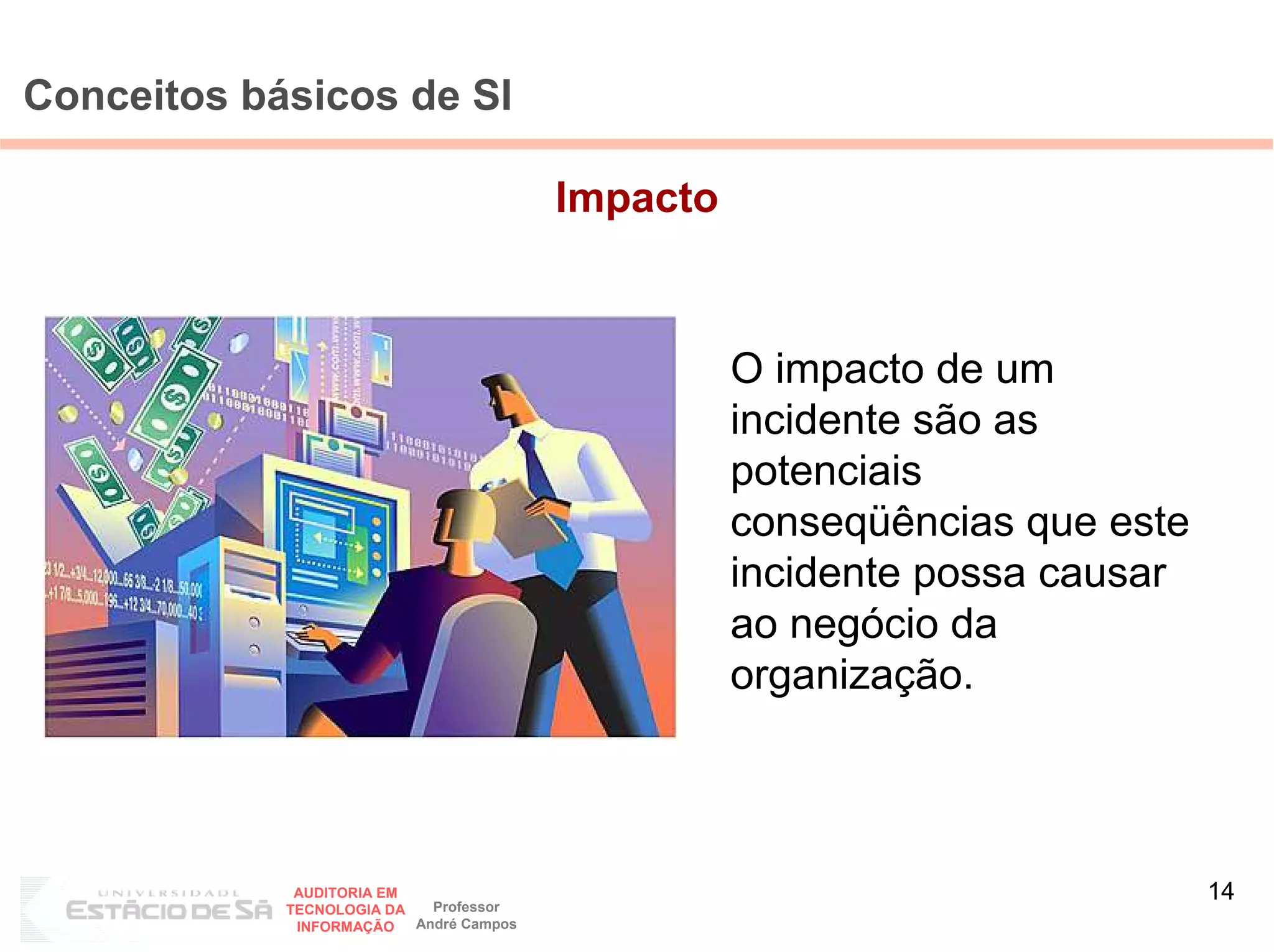 Conceitos básicos de SI

                                         Impacto



                                                   O impacto de um
                                                   incidente são as
                                                   potenciais
                                                   conseqüências que este
                                                   incidente possa causar
                                                   ao negócio da
                                                   organização.



             AUDITORIA EM
                            Professor
                                                                            14
            TECNOLOGIA DA
             INFORMAÇÃO   André Campos
 