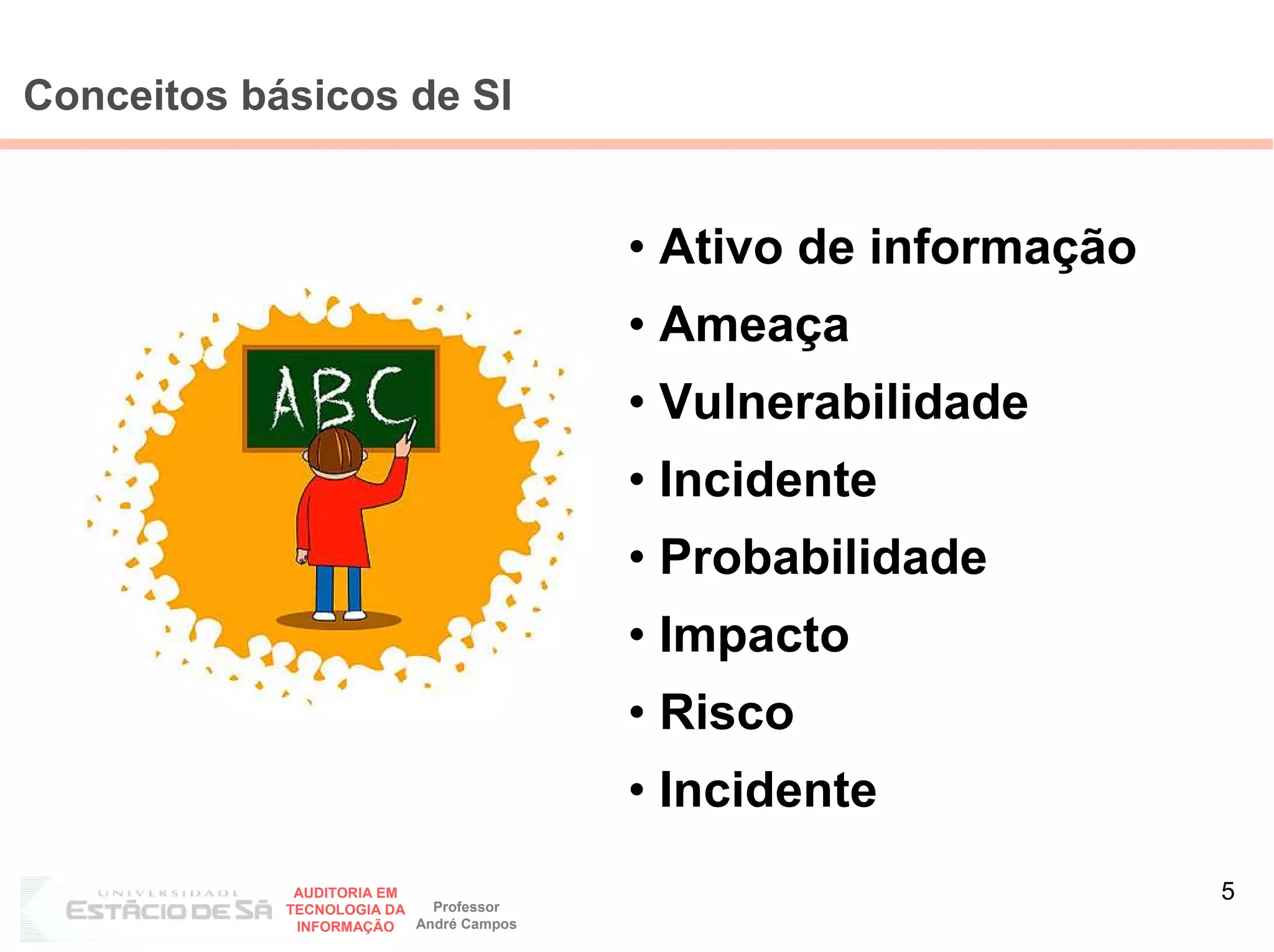 Conceitos básicos de SI


                                         • Ativo de informação
                                         • Ameaça
                                         • Vulnerabilidade
                                         • Incidente
                                         • Probabilidade
                                         • Impacto
                                         • Risco
                                         • Incidente
             AUDITORIA EM
                            Professor
                                                                 5
            TECNOLOGIA DA
             INFORMAÇÃO   André Campos
 