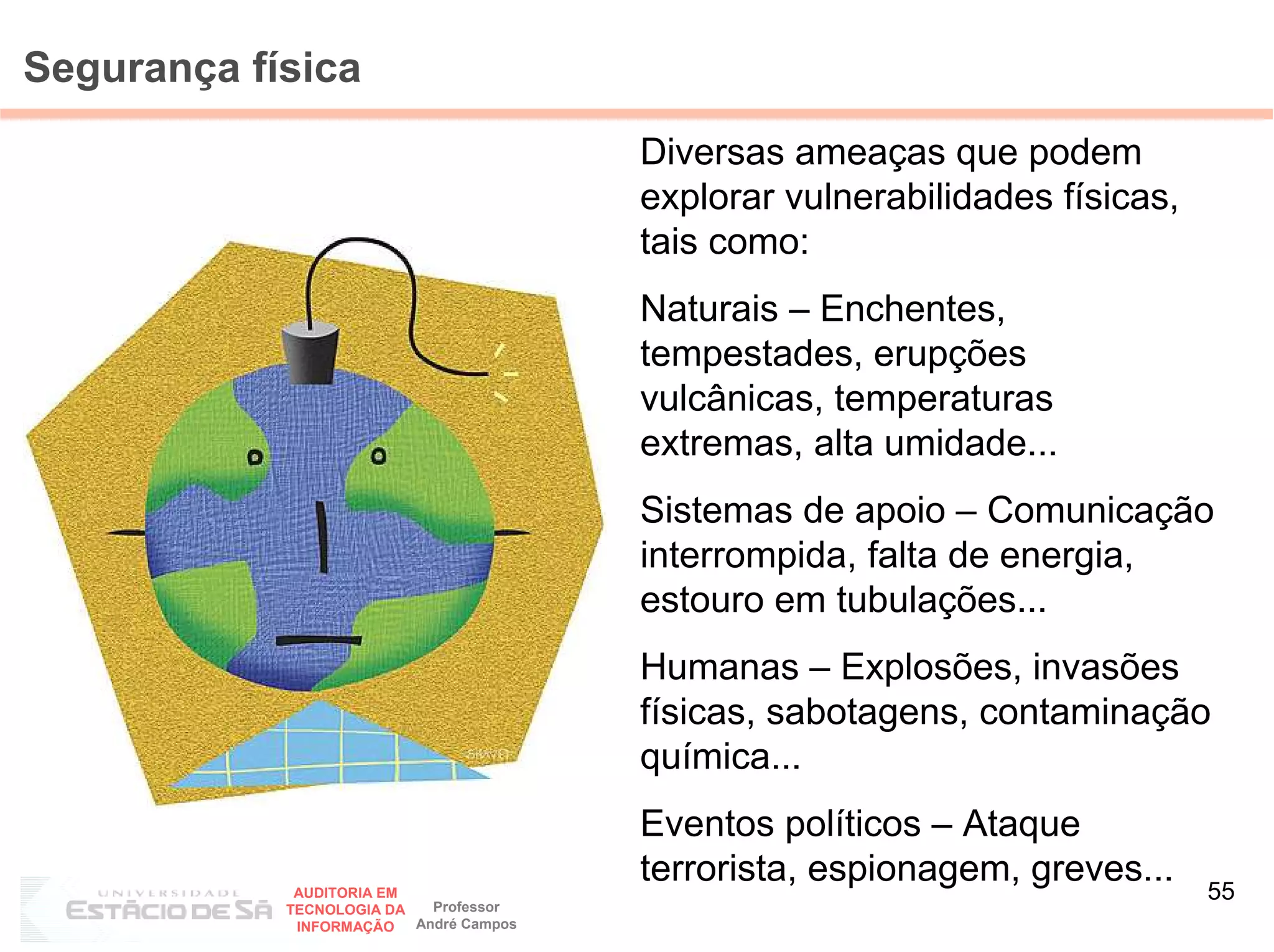 Segurança física
                                         Diversas ameaças que podem
                                         explorar vulnerabilidades físicas,
                                         tais como:
                                         Naturais – Enchentes,
                                         tempestades, erupções
                                         vulcânicas, temperaturas
                                         extremas, alta umidade...
                                         Sistemas de apoio – Comunicação
                                         interrompida, falta de energia,
                                         estouro em tubulações...
                                         Humanas – Explosões, invasões
                                         físicas, sabotagens, contaminação
                                         química...
                                         Eventos políticos – Ataque
                                         terrorista, espionagem, greves...
             AUDITORIA EM
                            Professor
                                                                              55
            TECNOLOGIA DA
             INFORMAÇÃO   André Campos
 