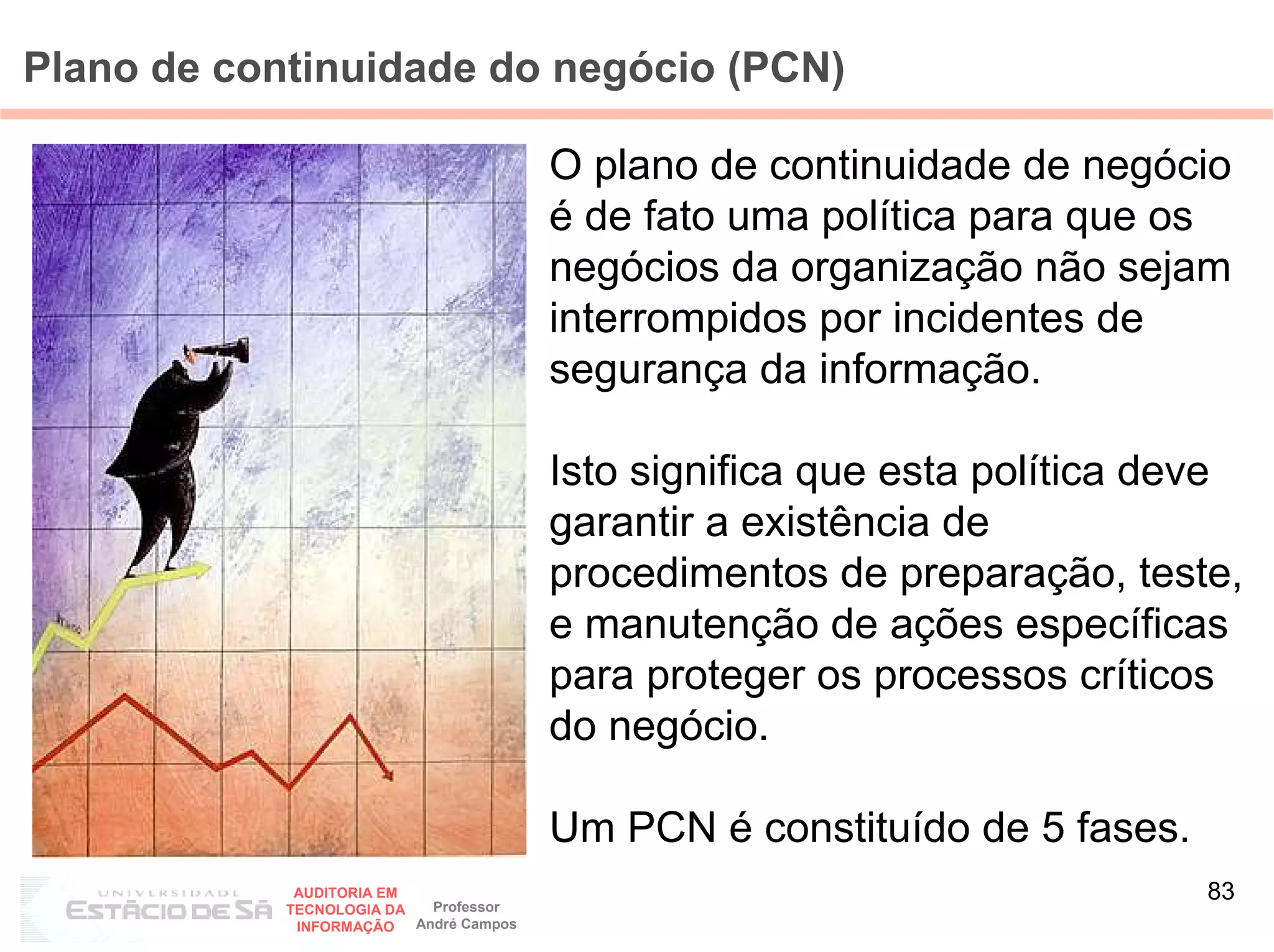 Plano de continuidade do negócio (PCN)

                                         O plano de continuidade de negócio
                                         é de fato uma política para que os
                                         negócios da organização não sejam
                                         interrompidos por incidentes de
                                         segurança da informação.

                                         Isto significa que esta política deve
                                         garantir a existência de
                                         procedimentos de preparação, teste,
                                         e manutenção de ações específicas
                                         para proteger os processos críticos
                                         do negócio.

                                         Um PCN é constituído de 5 fases.
             AUDITORIA EM
                            Professor
                                                                            83
            TECNOLOGIA DA
             INFORMAÇÃO   André Campos
 