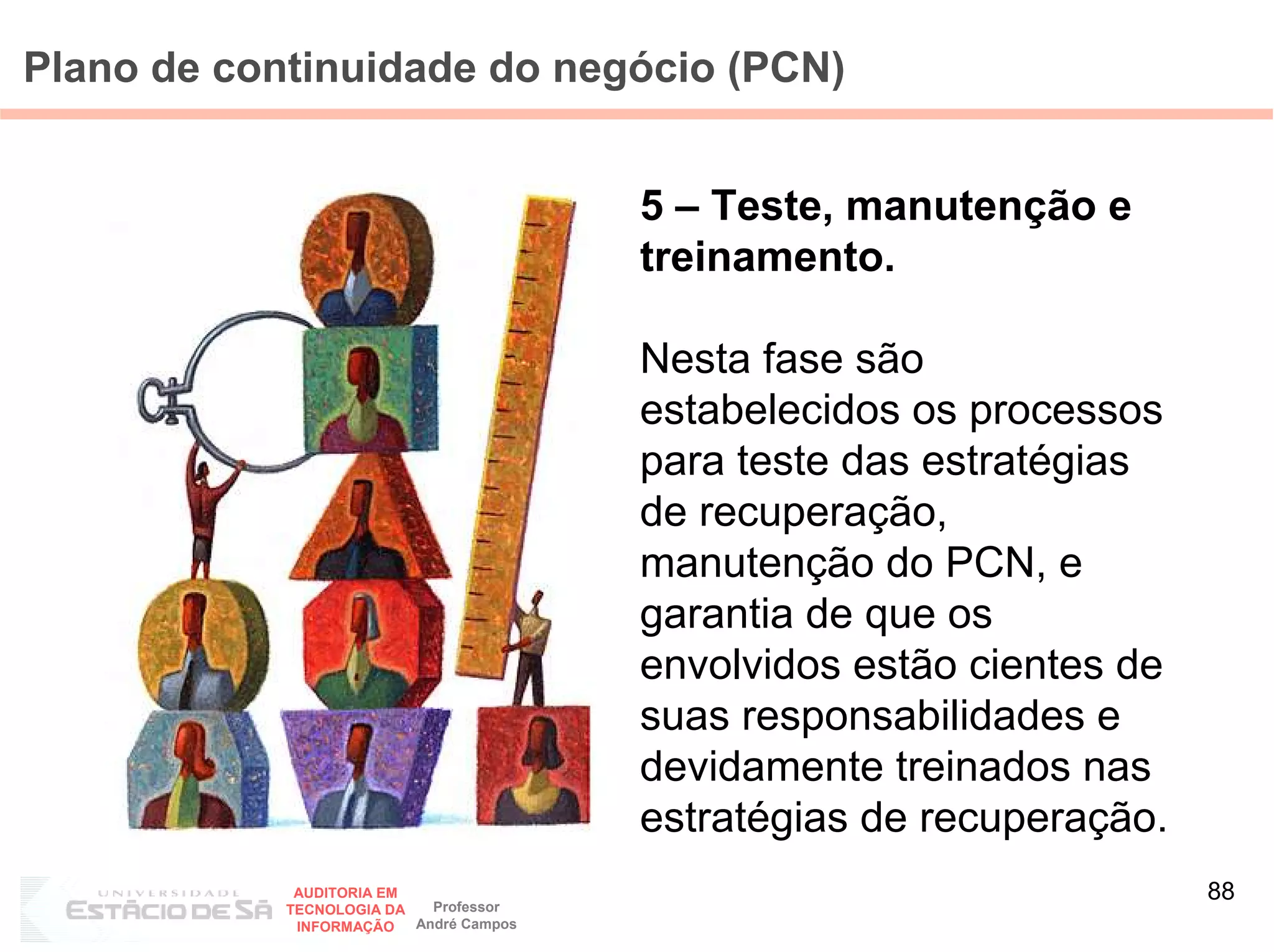Plano de continuidade do negócio (PCN)


                                         5 – Teste, manutenção e
                                         treinamento.

                                         Nesta fase são
                                         estabelecidos os processos
                                         para teste das estratégias
                                         de recuperação,
                                         manutenção do PCN, e
                                         garantia de que os
                                         envolvidos estão cientes de
                                         suas responsabilidades e
                                         devidamente treinados nas
                                         estratégias de recuperação.
             AUDITORIA EM
                            Professor
                                                                       88
            TECNOLOGIA DA
             INFORMAÇÃO   André Campos
 