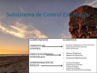 Subsistema de Control Estratégico



         COMPONENTES         ELEMENTOS

                                Acuerdos, Compromisos o Protocolos Éticos.
         AMBIENTE DE            Desarrollo del Talento Humano.
         CONTROL                Estilo de Dirección.


                                Planes y Programas.
         DIRECCIONAMIENTO       Modelo de Operación.
         ESTRATÉGICO            Estructura Organizacional.

         ADMINISTRACIÓN DE      Contexto Estratégico.
                                Identificación de Riesgos.
         RIESGOS                Análisis de Riesgos.
                                Valoración de Riesgos.
                                Políticas de Administración de Riesgos.
 