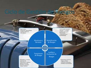Ciclo de Gestión de Riesgos

     • Supervisión,                                              • ¿Qué puede suceder?,
       evaluación, aprendizaje,                                    ¿Dónde y Cuando?,
       cambios efectivos,                                          ¿Cómo y por qué?
       indicadores.                                                Determinar
                                                                   consecuencias y
                                                                   posibilidades



                                  Monitoreo y   Identificación
                                   Revisión       de Riesgos




                                                  Análisis y
                                  Tratamiento   Evaluación de
                                   de Riesgos
                                                   Riesgos
     • Identificar y evaluar                                       • Determinar nivel de
       opciones de                                                   riesgo, evaluar
       tratamiento. Realizar                                         controles existentes,
       planes de acción.                                             establecer prioridades
       Analizar y Evaluar
       riesgo residual.
 