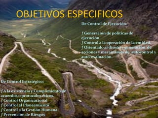 OBJETIVOS ESPECIFICOS
                                      De Control de Ejecución:

                                      ƒ Generación de políticas de
                                      ejecución.
                                      ƒ Control a la operación de la entidad.
                                      ƒ Orientado al diseño y generación de
                                      acciones y mecanismos de autocontrol y
                                      auto-evaluación.




De Control Estratégico:

ƒ A la existencia y Cumplimiento de
acuerdos o protocolos éticos.
ƒ Control Organizacional
ƒ Control al Planeamiento
ƒ Control a la Gestión Humana
ƒ Prevención de Riesgos
 