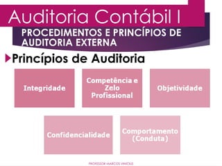 Auditoria Contábil I
PROFESSOR MARCOS VINÍCIUS
Princípios de Auditoria
PROCEDIMENTOS E PRINCÍPIOS DE
AUDITORIA EXTERNA
 
