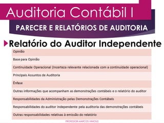 Auditoria Contábil I
PROFESSOR MARCOS VINÍCIUS
PARECER E RELATÓRIOS DE AUDITORIA
Relatório do Auditor Independente
 