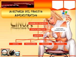 AUDITORIA DEL PROCESO
ADMINISTRATIVO
JUNTA DIRECTIVA
GERENTE
VENTAS
ASAMBLEA GENERAL
PERSONALPRODUCCIÓN FINANZAS
AUDITORÍA
ADMINSITRATIVA
 