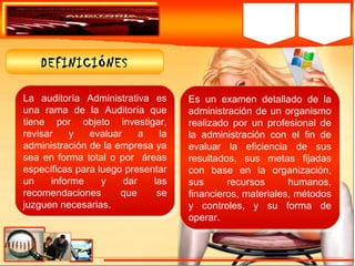 DEFINICIÓNES
La auditoría Administrativa es
una rama de la Auditoría que
tiene por objeto investigar,
revisar y evaluar a la
administración de la empresa ya
sea en forma total o por áreas
específicas para luego presentar
un informe y dar las
recomendaciones que se
juzguen necesarias.
La auditoría Administrativa es
una rama de la Auditoría que
tiene por objeto investigar,
revisar y evaluar a la
administración de la empresa ya
sea en forma total o por áreas
específicas para luego presentar
un informe y dar las
recomendaciones que se
juzguen necesarias.
Es un examen detallado de la
administración de un organismo
realizado por un profesional de
la administración con el fin de
evaluar la eficiencia de sus
resultados, sus metas fijadas
con base en la organización,
sus recursos humanos,
financieros, materiales, métodos
y controles, y su forma de
operar.
Es un examen detallado de la
administración de un organismo
realizado por un profesional de
la administración con el fin de
evaluar la eficiencia de sus
resultados, sus metas fijadas
con base en la organización,
sus recursos humanos,
financieros, materiales, métodos
y controles, y su forma de
operar.
 