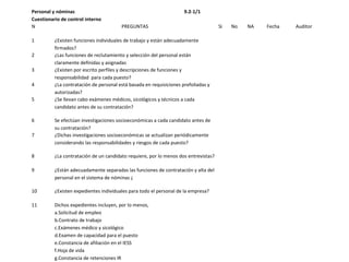 Personal y nóminas 9.2-1/1
Cuestionario de control interno
N PREGUNTAS Sì No NA Fecha Auditor
1 ¿Existen funciones individ...