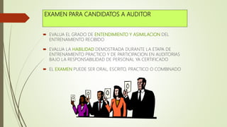 CLASIFICACION DE LOS CANDIDATOS A AUDITORES
1) AUDITOR EN ENTRENAMIENTO
2) AUDITOR
3) AUDITOR LIDER
4) AUDITOR LIDER EXAMI...
