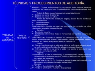 TÉCNICAS Y PROCEDIMIENTOS DE AUDITORÍA
TÉCNICAS
DE
AUDITORÍA
TIPOS DE
TÉCNICAS
ANÁLISIS.- Consiste en la clasificación o agrupación de los distintos elementos
que forman una cuenta o un todo. El análisis aplicado a una cuenta puede ser de 2
clases:
Análisis de Saldo: cuando lo separamos para analizarlo mejor
 Saldo de una cuenta de activo fijo.
 Saldo de una cuenta por cobrar.
Análisis de Movimiento: analizar los cargos y abonos de una cuenta que
arroja acumulaciones
 Cuentas de ingresos.
 Cuentas de gastos.
CONCILIACIÓN.- Consiste en hacer que concuerde dos conjuntos de cifras
relacionadas, separadas e independientes.
Ejemplos:
 Conciliación bancaria.
 Conciliación del inventario físico de mercaderías con registros auxiliares de
almacén.
CONFIRMACIÓN.- Consiste en obtener una afirmación escrita de una fuente
distinta a la entidad bajo examen, como clientes, bancos, proveedores, seguros,
abogados, etc. Existen las siguientes clases de confirmación:
Positiva:
a) Directa.- cuando se envía el saldo y se solicita al confirmante respuesta sobre
su confirmación o inconformidad. Se aplica en montos significativos
b) Indirecta.- cuando no se envía el saldo y se solicita al confirmante que
responda o comunique el saldo.
Negativa:
Cuando se envía el saldo al confirmante y se solicita respuesta sólo en el caso de
inconformidad. Este método se utiliza cuando los saldos no son significativos o
los clientes son numerosos.
COMPUTACIÓN O CÁLCULO.- Consiste en verificar la exactitud matemática de
las operaciones o cálculos efectuados por la entidad.
Ejemplos:
) Prueba en depreciación del activo fijo.
) Prueba de cálculo en los inventarios de existencias.
 