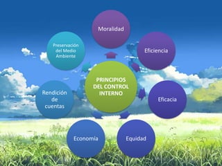Moralidad

   Preservación
    del Medio                        Eficiencia
    Ambiente



                   PRINCIPIOS
                  DEL CONTROL
Rendición           INTERNO
   de                                     Eficacia
 cuentas




            Economía           Equidad
 