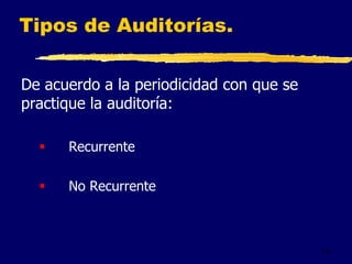 14
Tipos de Auditorías.
De acuerdo a la periodicidad con que se
practique la auditoría:
 Recurrente
 No Recurrente
 