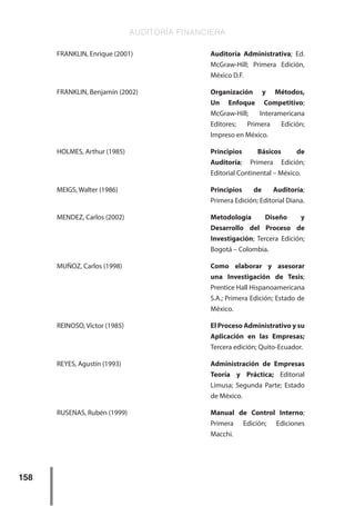 AUDITORÍA FINANCIERA
158
FRANKLIN, Enrique (2001)	 Auditoría Administrativa; Ed.
McGraw-Hill; Primera Edición,
México D.F.
FRANKLIN, Benjamín (2002) 	 Organización y Métodos,
Un Enfoque Competitivo;
McGraw-Hill; Interamericana
Editores; Primera Edición;
Impreso en México.
HOLMES, Arthur (1985) 	 Principios Básicos de
Auditoría; Primera Edición;
Editorial Continental – México.
MEIGS, Walter (1986) 	 Principios de Auditoría;
Primera Edición; Editorial Diana.
MENDEZ, Carlos (2002) 	 Metodología Diseño y
Desarrollo del Proceso de
Investigación; Tercera Edición;
Bogotá – Colombia.
MUÑOZ, Carlos (1998)	 Como elaborar y asesorar
una Investigación de Tesis;
Prentice Hall Hispanoamericana
S.A.; Primera Edición; Estado de
México.
REINOSO, Víctor (1985)	 El Proceso Administrativo y su
Aplicación en las Empresas;
Tercera edición; Quito-Ecuador.
REYES, Agustín (1993)	 Administración de Empresas
Teoría y Práctica; Editorial
Limusa; Segunda Parte; Estado
de México.
RUSENAS, Rubén (1999) 	 Manual de Control Interno;
Primera Edición; Ediciones
Macchi.
 