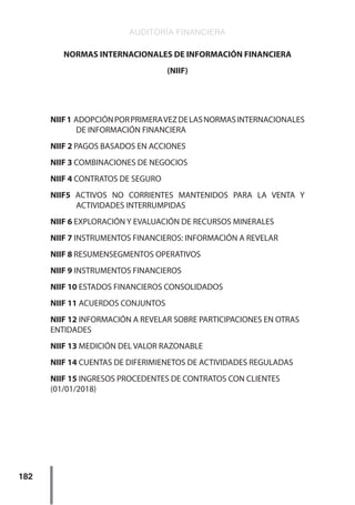 AUDITORÍA FINANCIERA
182
NORMAS INTERNACIONALES DE INFORMACIÓN FINANCIERA
(NIIF)
NIIF1 ADOPCIÓNPORPRIMERAVEZDELASNORMASINTERNACIONALES
DE INFORMACIÓN FINANCIERA
NIIF 2 PAGOS BASADOS EN ACCIONES
NIIF 3 COMBINACIONES DE NEGOCIOS
NIIF 4 CONTRATOS DE SEGURO
NIIF5 ACTIVOS NO CORRIENTES MANTENIDOS PARA LA VENTA Y
ACTIVIDADES INTERRUMPIDAS
NIIF 6 EXPLORACIÓN Y EVALUACIÓN DE RECURSOS MINERALES
NIIF 7 INSTRUMENTOS FINANCIEROS: INFORMACIÓN A REVELAR
NIIF 8 RESUMENSEGMENTOS OPERATIVOS
NIIF 9 INSTRUMENTOS FINANCIEROS
NIIF 10 ESTADOS FINANCIEROS CONSOLIDADOS
NIIF 11 ACUERDOS CONJUNTOS
NIIF 12 INFORMACIÓN A REVELAR SOBRE PARTICIPACIONES EN OTRAS
ENTIDADES
NIIF 13 MEDICIÓN DEL VALOR RAZONABLE
NIIF 14 CUENTAS DE DIFERIMIENETOS DE ACTIVIDADES REGULADAS
NIIF 15 INGRESOS PROCEDENTES DE CONTRATOS CON CLIENTES
(01/01/2018)
 