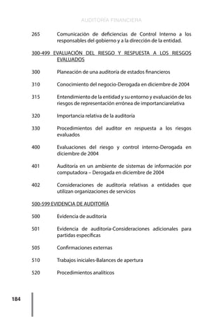 AUDITORÍA FINANCIERA
184
265	 Comunicación de deficiencias de Control Interno a los
responsables del gobierno y a la dirección de la entidad.
300-499 EVALUACIÓN DEL RIESGO Y RESPUESTA A LOS RIESGOS
EVALUADOS
300     	 Planeación de una auditoría de estados financieros
310     	 Conocimiento del negocio-Derogada en diciembre de 2004
315     	 Entendimiento de la entidad y su entorno y evaluación de los
riesgos de representación errónea de importanciarelativa
320     	 Importancia relativa de la auditoría
330     	 Procedimientos del auditor en respuesta a los riesgos
evaluados
400     	 Evaluaciones del riesgo y control interno-Derogada en
diciembre de 2004
401     	 Auditoría en un ambiente de sistemas de información por
computadora – Derogada en diciembre de 2004
402     	 Consideraciones de auditoría relativas a entidades que
utilizan organizaciones de servicios
500-599 EVIDENCIA DE AUDITORÍA
500     	 Evidencia de auditoría
501     	 Evidencia de auditoría-Consideraciones adicionales para
partidas específicas
505     	 Confirmaciones externas
510     	 Trabajos iniciales-Balances de apertura
520     	 Procedimientos analíticos
 