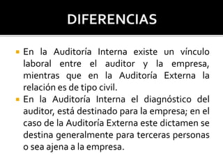  En la Auditoría Interna existe un vínculo
laboral entre el auditor y la empresa,
mientras que en la Auditoría Externa la
relación es de tipo civil.
 En la Auditoría Interna el diagnóstico del
auditor, está destinado para la empresa; en el
caso de la Auditoría Externa este dictamen se
destina generalmente para terceras personas
o sea ajena a la empresa.
 