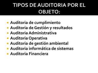  Auditoria de cumplimiento
 Auditoria de Gestión y resultados
 Auditoria Administrativa
 Auditoria Operativa
 Auditoria de gestión ambiental
 Auditoria informática de sistemas
 Auditoria Financiera
 