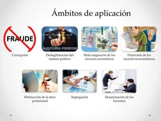 Corrupción Deslegitimación del
sistema político
Mala asignación de los
recursos económicos
Distorsión de los
incentivos económicos
Destrucción de la ética
profesional
Segregación Desanimación de los
honestos
Ámbitos de aplicación
 