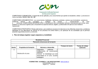VICERRECTORIA ACADEMICA Y DE INVESTIGACIONES www.cun.edu.co
viceacadem@cun.edu.co
Bogotá D.C. - Colombia
COMPETENCIA COMUNICATIVA: El desarrollo de las aptitudes y los conocimientos que aporten al estudiante a utilizar y comunicar el
marco normativo, NAGAS NIAS NIC NIIF.
COMPETEMCIA ARGUMENTATIVA: Los conocimientos, habilidades, destrezas y actitudes y valores que el estudiante sustente los
problemas, articule los conceptos y justifique las causas y consecuencias de error
y corrección COMPETENCIA INTERPRETATIVA: la identificación de la normatividad nacional e internacional que le sirvan para
fortalecer su estructura cognitiva para comprender los aspectos teóricos, legales y profesionales del ejercicio de la Auditoria
Operacional.
COMPETENCIA PROPOSITIVA: Plantea alternativas, para establecer procesos de relaciones en las diferentes situaciones y problemas
planteados en las alternativas de solución en los procesos de control interno y de operación de las actividades que le permitan
presentar argumentos de error y corrección.
t. Plan de trabajo (registrar según asignatura y modalidad)
Modalidad Presencial
Planeación del proceso de formación
Sesión Propósitos de formación Acciones a desarrollar
Tiempos de tutoría Tiempo de trabajo
autónomo
1
Introducción al curso
Diagnostico preliminar y
fortalecimiento de conocimientos
anteriores.
Conocer la metodología que será
desarrollada en el curso, acuerdo
pedagógico
 