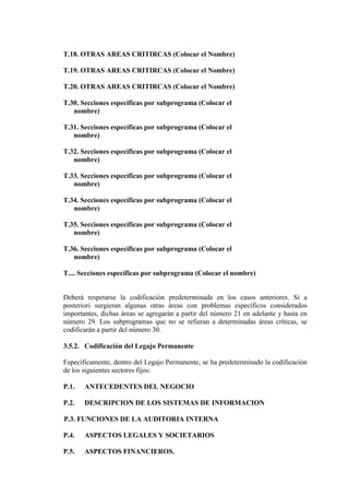 T.18. OTRAS AREAS CRITIRCAS (Colocar el Nombre)
T.19. OTRAS AREAS CRITIRCAS (Colocar el Nombre)
T.20. OTRAS AREAS CRITIRCAS (Colocar el Nombre)
T.30. Secciones específicas por subprograma (Colocar el
nombre)
T.31. Secciones específicas por subprograma (Colocar el
nombre)
T.32. Secciones específicas por subprograma (Colocar el
nombre)
T.33. Secciones específicas por subprograma (Colocar el
nombre)
T.34. Secciones específicas por subprograma (Colocar el
nombre)
T.35. Secciones específicas por subprograma (Colocar el
nombre)
T.36. Secciones específicas por subprograma (Colocar el
nombre)
T.... Secciones específicas por subprograma (Colocar el nombre)
Deberá respetarse la codificación predeterminada en los casos anteriores. Si a
posteriori surgieran algunas otras áreas con problemas específicos considerados
importantes, dichas áreas se agregarán a partir del número 21 en adelante y hasta en
número 29. Los subprogramas que no se refieran a determinadas áreas críticas, se
codificarán a partir del número 30.
3.5.2. Codificación del Legajo Permanente
Específicamente, dentro del Legajo Permanente, se ha predeterminado la codificación
de los siguientes sectores fijos:
P.1. ANTECEDENTES DEL NEGOCIO
P.2. DESCRIPCION DE LOS SISTEMAS DE INFORMACION
P.3. FUNCIONES DE LA AUDITORIA INTERNA
P.4. ASPECTOS LEGALES Y SOCIETARIOS
P.5. ASPECTOS FINANCIEROS.
 