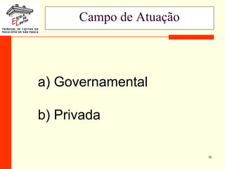 10
Campo de Atuação
a) Governamental
b) Privada
 