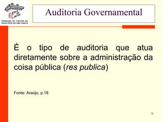12
Auditoria Governamental
É o tipo de auditoria que atua
diretamente sobre a administração da
coisa pública (res publica)
Fonte: Araújo, p.18
 