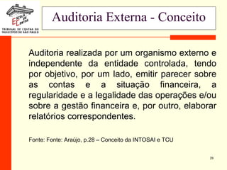 29
Auditoria Externa - Conceito
Auditoria realizada por um organismo externo e
independente da entidade controlada, tendo
por objetivo, por um lado, emitir parecer sobre
as contas e a situação financeira, a
regularidade e a legalidade das operações e/ou
sobre a gestão financeira e, por outro, elaborar
relatórios correspondentes.
Fonte: Fonte: Araújo, p.28 – Conceito da INTOSAI e TCU
 