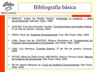 5
Bibliografia básica
 ARAÚJO, Inaldo da Paixão Santos. Introdução à Auditoria – Área
Governamental. Salvador: Egba, 1998
 CHAVES, Francisco Eduardo Carrilho. Controle Externo da Gestão Pública.
2ª ed. Rio de Janeiro: Impetus, 2009
 CRUZ, Flávio da. Auditoria Governamental. 2.ed. São Paulo: Atlas, 2002
 LIMA, Diana Vaz de. CASTRO; Róbson Gonçalves de. Fundamentos da
Auditoria Governamental e Empresarial. São Paulo: Atlas, 2003
 LIMA, Luiz Henrique. Controle Externo. 2ª ed. Rio de Janeiro: Campus,
2008
 PETER, Maria da Glória Arrais; MACHADO, Marcus Vinícius Veras. Manual
de Auditoria Governamental. São Paulo: Atlas, 2003
 SILVA, Moacir Marques da. Curso de Auditoria Governamental. São Paulo:
Atlas, 2009
 