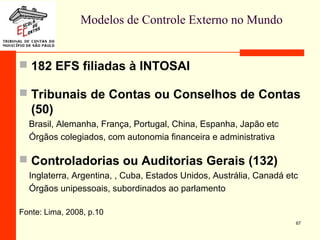 Modelos de Controle Externo no Mundo
 182 EFS filiadas à INTOSAI
 Tribunais de Contas ou Conselhos de Contas
(50)
Brasil, Alemanha, França, Portugal, China, Espanha, Japão etc
Órgãos colegiados, com autonomia financeira e administrativa
 Controladorias ou Auditorias Gerais (132)
Inglaterra, Argentina, , Cuba, Estados Unidos, Austrália, Canadá etc
Órgãos unipessoais, subordinados ao parlamento
Fonte: Lima, 2008, p.10
67
 