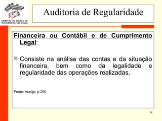 74
Auditoria de Regularidade
Financeira ou Contábil e de Cumprimento
Legal:
 Consiste na análise das contas e da situação
financeira, bem como da legalidade e
regularidade das operações realizadas.
Fonte: Araújo, p.290
 
