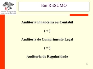 75
Em RESUMO
Auditoria Financeira ou Contábil
( + )
Auditoria de Cumprimento Legal
( = )
Auditoria de Regularidade
 