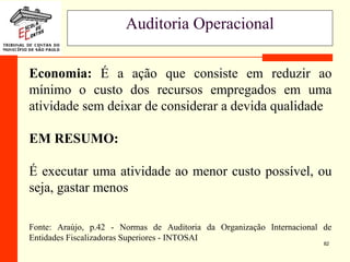 82
Auditoria Operacional
Economia: É a ação que consiste em reduzir ao
mínimo o custo dos recursos empregados em uma
atividade sem deixar de considerar a devida qualidade
EM RESUMO:
É executar uma atividade ao menor custo possível, ou
seja, gastar menos
Fonte: Araújo, p.42 - Normas de Auditoria da Organização Internacional de
Entidades Fiscalizadoras Superiores - INTOSAI
 