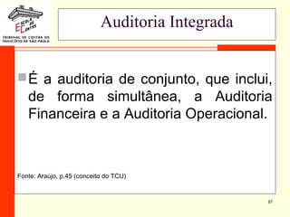 87
Auditoria Integrada
É a auditoria de conjunto, que inclui,
de forma simultânea, a Auditoria
Financeira e a Auditoria Operacional.
Fonte: Araújo, p.45 (conceito do TCU)
 