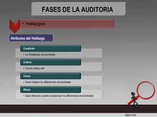 FASES DE LA AUDITORIA
       • Hallazgos


Atributos del Hallazgo

        Condición

        • La Realidad encontrada

        Criterio

        • Como debe ser

        Causa

        • Qué origino la diferencia encontrada

        Efecto

        • Qué efectos puede ocasionar la diferencia encontrada
 