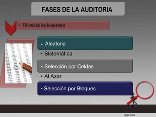 FASES DE LA AUDITORIA

• Técnicas de Muestreo



            Aleatoria
          • Sistemática

            Selección por Celdas
          • Al Azar

            Selección por Bloques
 