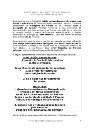 CURSOS ON-LINE – AUDITORIA P/ ICMS-SP
                 PROFESSOR JOÃO IMBASSAHY


Caso conclua que a Incerteza esteja adequadamente divulgada nas
Notas Explicativas às Demonstrações Contábeis, deverá o Auditor
acrescentar um Parágrafo de Ênfase no seu Parecer, após o
parágrafo de opinião, fazendo referência à nota explicativa da
administração, que deve descrever de forma mais extensa, a natureza
e, quando possível, o efeito da Incerteza. Nessa situação, o parecer
continuaria na condição de "sem ressalva", caso não existissem outras
situações objeto de ressalva.

Caso o auditor conclua que a matéria envolvendo incerteza relevante
não esteja adequadamente divulgada nas Notas Explicativas às
Demonstrações Contábeis, de acordo com as disposições contidas no
item 11.1.1.1, o seu Parecer deve conter Ressalva ou Opinião
adversa, pela omissão ou inadequação da divulgação.

A seguir, apresentamos um quadro, resumindo a situação descrita:
            CONTINGÊNCIAS PASSIVAS
   •       Exemplo: Ações Judiciais movidas
               contra a entidade.

 Se as chances de sucesso forem remotas:
     •    1. Se o valor for Estimável –
         Constituição de Provisão

       •   2. Se o valor não for Estimável -
                    Incerteza

                INCERTEZA
 1. Quando adequadamente divulgada pela
      Entidade em Notas Explicativas:
   PARECER COM PARÁGRAFO DE ÊNFASE
 (após o parágrafo de opinião). O Parecer
   continua na condição de Sem Ressalva

 2. Quando Não divulgada adequadamente
             pela Entidade:
  PARECER COM RESSALVA OU ADVERSO

Vamos analisar algumas questões de concursos relativas ao assunto.


                www.pontodosconcursos.com.br                         3
 