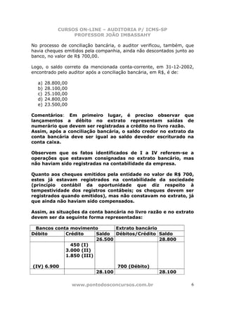 CURSOS ON-LINE – AUDITORIA P/ ICMS-SP
                 PROFESSOR JOÃO IMBASSAHY

No processo de conciliação bancária, o auditor verificou, também, que
havia cheques emitidos pela companhia, ainda não descontados junto ao
banco, no valor de R$ 700,00.

Logo, o saldo correto da mencionada conta-corrente, em 31-12-2002,
encontrado pelo auditor após a conciliação bancária, em R$, é de:

  a)   28.800,00
  b)   28.100,00
  c)   25.100,00
  d)   24.800,00
  e)   23.500,00

Comentários: Em primeiro lugar, é preciso observar que
lançamentos a débito no extrato representam saídas de
numerário que devem ser registradas a crédito no livro razão.
Assim, após a conciliação bancária, o saldo credor no extrato da
conta bancária deve ser igual ao saldo devedor escriturado na
conta caixa.

Observem que os fatos identificados de I a IV referem-se a
operações que estavam consignadas no extrato bancário, mas
não haviam sido registradas na contabilidade da empresa.

Quanto aos cheques emitidos pela entidade no valor de R$ 700,
estes já estavam registrados na contabilidade da sociedade
(princípio contábil da oportunidade que diz respeito à
tempestividade dos registros contábeis; os cheques devem ser
registrados quando emitidos), mas não constavam no extrato, já
que ainda não haviam sido compensados.

Assim, as situações da conta bancária no livro razão e no extrato
devem ser da seguinte forma representadas:

 Bancos conta movimento        Extrato bancário
Débito      Crédito     Saldo Débitos/Crédito Saldo
                        26.500                  28.800
              450 (I)
            3.000 (II)
            1.850 (III)

(IV) 6.900                          700 (Débito)
                           28.100                     28.100

                   www.pontodosconcursos.com.br                     6
 