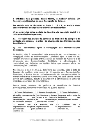 CURSOS ON-LINE – AUDITORIA P/ ICMS-SP
                  PROFESSOR JOÃO IMBASSAHY

a entidade não proceda dessa forma, o Auditor emitirá um
Parecer com Ressalva ou com Parágrafo de Ênfase.

De acordo com o disposto no item 11.16.1.3., o auditor deve
considerar três situações de eventos subseqüentes:

a) os ocorridos entre a data do término do exercício social e a
data da emissão do parecer;

b)  os ocorridos depois do término do trabalho de campo e da
emissão do parecer, e antes da divulgação das Demonstrações
Contábeis; e

c)   os    conhecidos após a divulgação das Demonstrações
Contábeis.

O Auditor não é responsável pela execução de procedimentos ou
indagações sobre as Demonstrações Contábeis após a data do seu
Parecer. Durante o período entre as datas do Parecer do Auditor e a de
divulgação das Demonstrações Contábeis, a administração é
responsável por informar ao auditor fatos que possam afetar as
Demonstrações Contábeis.

No entanto, o item 11.16.3.2. determina que quando, após a data do
Parecer do auditor, mas antes da divulgação das Demonstrações
Contábeis, o Auditor tomar conhecimento de fato que possa afetar de
maneira relevante as Demonstrações Contábeis, ele deve decidir se elas
devem ser ajustadas, discutir o assunto com a administração e tomar as
medidas apropriadas às circunstâncias.

Dessa forma, existem três períodos de ocorrência                     de   Eventos
Subseqüentes, conforme evidenciado no quadro abaixo:

  1.Eventos Subseqüentes       2. Eventos Subseqüentes    3. Eventos Subseqüentes
Ocorridos entre as datas da   Ocorridos entre as datas do Ocorridos após a data da
Divulgação              das   Parecer e da Publicação Publicação               das
Demonstrações Contábeis e     das         Demonstrações Demonstrações Contábeis.
do Parecer de Auditoria       Contábeis e do Parecer
O      Auditor    tem     a A    Entidade    tem      a A     Entidade   tem     a
responsabilidade de aplicar responsabilidade         de responsabilidade        de
procedimentos         para identificá-los.              identificá-los.
identificá-los.




                    www.pontodosconcursos.com.br                                    15
 
