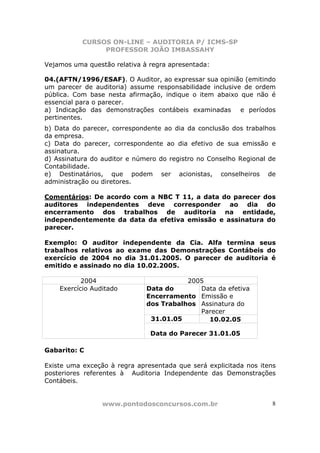 CURSOS ON-LINE – AUDITORIA P/ ICMS-SP
                PROFESSOR JOÃO IMBASSAHY

Vejamos uma questão relativa à regra apresentada:

04.(AFTN/1996/ESAF). O Auditor, ao expressar sua opinião (emitindo
um parecer de auditoria) assume responsabilidade inclusive de ordem
pública. Com base nesta afirmação, indique o item abaixo que não é
essencial para o parecer.
a) Indicação das demonstrações contábeis examinadas e períodos
pertinentes.
b) Data do parecer, correspondente ao dia da conclusão dos trabalhos
da empresa.
c) Data do parecer, correspondente ao dia efetivo de sua emissão e
assinatura.
d) Assinatura do auditor e número do registro no Conselho Regional de
Contabilidade.
e) Destinatários, que podem ser acionistas, conselheiros de
administração ou diretores.

Comentários: De acordo com a NBC T 11, a data do parecer dos
auditores independentes deve corresponder ao dia do
encerramento dos trabalhos de auditoria na entidade,
independentemente da data da efetiva emissão e assinatura do
parecer.

Exemplo: O auditor independente da Cia. Alfa termina seus
trabalhos relativos ao exame das Demonstrações Contábeis do
exercício de 2004 no dia 31.01.2005. O parecer de auditoria é
emitido e assinado no dia 10.02.2005.

           2004                          2005
    Exercício Auditado        Data do       Data da efetiva
                              Encerramento Emissão e
                              dos Trabalhos Assinatura do
                                            Parecer
                               31.01.05       10.02.05

                               Data do Parecer 31.01.05

Gabarito: C

Existe uma exceção à regra apresentada que será explicitada nos itens
posteriores referentes à Auditoria Independente das Demonstrações
Contábeis.


                 www.pontodosconcursos.com.br                       8
 
