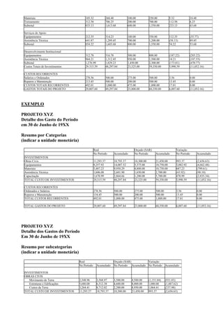 Materiais                            105.32            268.48            100.00           250.00           5.32            18.48
 Treinamento                          312.58            706.25            200.00           700.00           112.58          6.25
 Subtotal                             833.13            1,613.68          600.00           1,550.00         233.13          63.68

 Serviços de Apoio
 Equipamentos                         212.35            314.23            100.00           350.00           112.35          (35.77)
 Assistência Técnica                  641.87            1,289.45          700.00           1,200.00         (58.13)         89.45
 Subtotal                             854.22            1,603.68          800.00           1,550.00         54.22           53.68

 Desenvolvimento Institucional
 Equipamentos                         312.78            516.78            500.00           800.00           (187.22)        (283.22)
 Assistência Técnica                  964.21            1,312.45          950.00           1,500.00         14.21           (187.55)
 Subtotal                             1,276.99          1,829.23          1,450.00         2,300.00         (173.01)        (470.77)
 Custos Totais de Investimentos       29.315.59         48,297.84         23,325.00        59,350.00        5,990.59        (11,052.16)

 CUSTOS RECORRENTES
 Salários e Ordenados                 278.56            500.00            275.00           500.00           3.56            0.00
 Reparos e Manutenção                 213.45            500.00            200.00           500.00           13.45           0.00
 CUSTOS TOTAIS RECORRENTES            492.01            1,000.00          475.00           1,000.00         17.01           0.00
 GASTOS TOTAIS DO PROJETO             29,807.60         49,297.84         23,800.00        60,350.00        6,007.60        (11,052.16)




EXEMPLO

PROJETO XYZ
Detalhe dos Gasto do Período
em 30 de Junho de 19XX

Resumo por Categorias
(indicar a unidade monetária)

                                               Real                            Orçado (SAR)                      Variação
                                               No Período     Acumulado        No Período       Acumulado        No Período         Acumulado
 INVESTIMENTOS
 Obras Civis                                   11,293.37      18,793.37        10,300.00        21,450.00        993.37             (2,656.63)
 Equipamentos                                  9,257.92       14,087.52        5,375.00         18,750.00        3,882.92           (4,662.48)
 Materiais                                     5,487.23       9,950.29         4,800.00         10,750.00        687.23             (799.61)
 Assistência Técnica                           1,606.08       2,601.90         1,650.00         2,700.00         (43.92)            (98.10)
 Capacitação                                   1,670.99       2,864.66         1,200.00         5,700.00         470.99             (2,835.34)
 TOTAL CUSTO DE INVESTIMENTOS                  29,315.59      48,297.84        23,325.00        59,350.00        5,990.59           (11,052.16)

 CUSTOS RECORRENTES
 Ordenados e Salários                          278.56         500.00           275.00           500.00           3.56               0.00
 Reparos e Manutenção                          134.45         500.00           200.00           500.00           13.45              0.00
 TOTAL CUSTOS RECORRENTES                      492.01         1,000.00         475.00           1,000.00         17.01              0.00

 TOTAL GASTOS DO PROJETO                       29,807.60      49,297.84        23,800.00        60,350.00        6,007.60           (11,052.16)




PROJETO XYZ
Detalhe dos Gastos do Período
Em 30 de Junho de 19XX

Resumo por subcategorias
(indicar a unidade monetária)

                                  Real                        Orçado (SAR)         Variação
                                  No Período     Acumulado    No Período Acumulado No Período Acumulado

 INVESTIMENTOS
 OBRAS CIVIS
    Movimento de Terra            2,348.96       3,568.97     3,500.00       4,500.00      (1,151.04)   (931.03)
    Estruturas e Edificações      5,680.00       6,512.38     4,600.00       8,000.00      1,080.00     (1,487.62)
    Custos da Terra               3,264.41       8,712.02     2,200.00       8,950.00      1,064.41     (237.98)
 TOTAL CUSTO DE INVESTIMENTOS     11,293.37      18,793.37    10,300.00      21,450.00     993.37       (2,656.63)
 