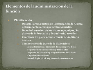    Planificación
      1.   Desarrollar una matriz de la planeación de AI para
           determinar las áreas que serán evaluadas.
      2.   Tener información de los sistemas, equipos, Sw,
           planes de informática y de auditoria, actuales.
      3.   Coordinar los planes con Gerencia de Auditoria
           interna
      4.   Componentes de éxito de la Planeación:
              *Juntas formales de discusión de planes periódicas.
              *Seguimiento de deficiencias y debilidades
              *Reportes de Auditoria y aseguramiento de calidad
              *Capacitación conjunta
              *Metodología, técnicas y herramientas comunes.
 