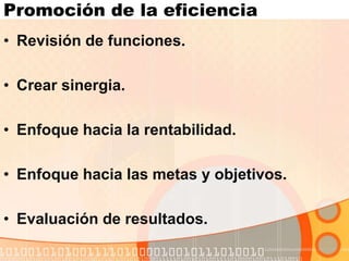 Promoción de la eficiencia
• Revisión de funciones.
• Crear sinergia.
• Enfoque hacia la rentabilidad.
• Enfoque hacia las metas y objetivos.
• Evaluación de resultados.
 