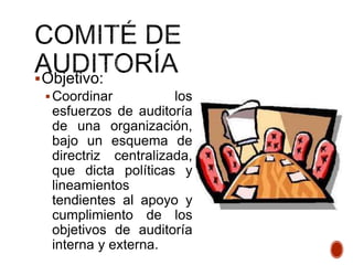 Objetivo:
Coordinar los
esfuerzos de auditoría
de una organización,
bajo un esquema de
directriz centralizada,
que dicta políticas y
lineamientos
tendientes al apoyo y
cumplimiento de los
objetivos de auditoría
interna y externa.
 